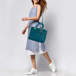 Pre Owned Dior Blue Cannage Patent Leather Large Lady Dior Tote