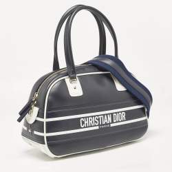 Pre Owned Dior Navy Blue/White Leather and Rubber Medium Vibe Bowler Bag