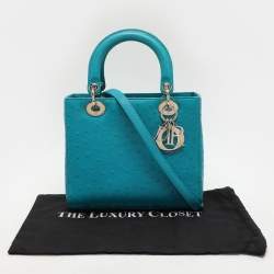Pre Owned Dior Turquoise Ostrich Leather Medium Lady Dior Tote