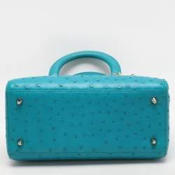 Pre Owned Dior Turquoise Ostrich Leather Medium Lady Dior Tote