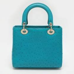 Pre Owned Dior Turquoise Ostrich Leather Medium Lady Dior Tote