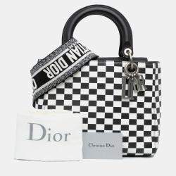 Dior Black White Leather Medium Checkered Lady Dior Tote Bag