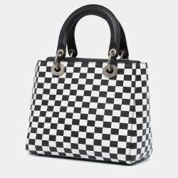 Dior Black White Leather Medium Checkered Lady Dior Tote Bag