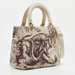 Pre Owned Dior Off White Leather Medium Embroidered Beads Lady Dior Tote