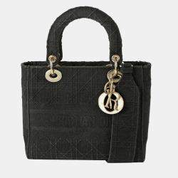 Dior Medium Black Cannage Embroidery Lady D-LITE Tote 