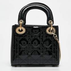 Pre Owned Dior Black Cannage Patent Leather Mini Lady Dior Tote