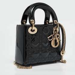 Pre Owned Dior Black Cannage Patent Leather Mini Lady Dior Tote
