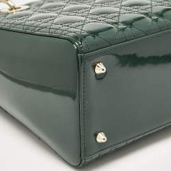 Pre Owned Dior Green Cannage Patent Leather Medium Lady Dior Tote