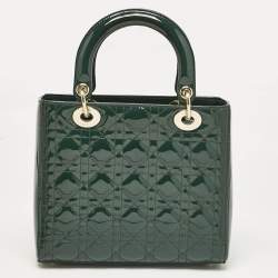 Pre Owned Dior Green Cannage Patent Leather Medium Lady Dior Tote