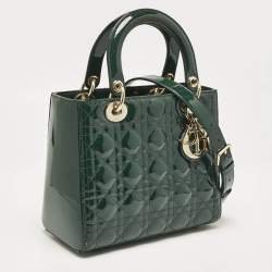 Pre Owned Dior Green Cannage Patent Leather Medium Lady Dior Tote