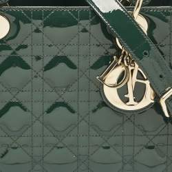 Pre Owned Dior Green Cannage Patent Leather Medium Lady Dior Tote