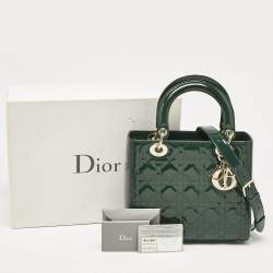 Pre Owned Dior Green Cannage Patent Leather Medium Lady Dior Tote