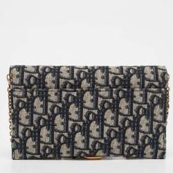 Pre Owned Dior Navy Blue Oblique Canvas and Leather Saddle Wallet on Chain