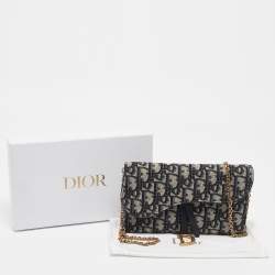 Pre Owned Dior Navy Blue Oblique Canvas and Leather Saddle Wallet on Chain