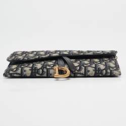 Pre Owned Dior Navy Blue Oblique Canvas and Leather Saddle Wallet on Chain