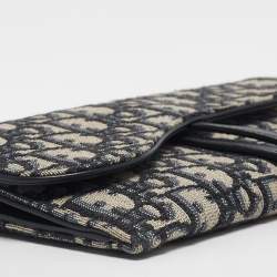 Pre Owned Dior Navy Blue Oblique Canvas and Leather Saddle Wallet on Chain