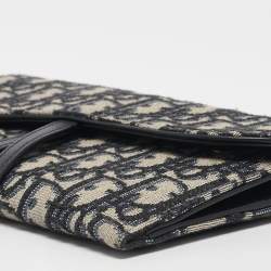 Pre Owned Dior Navy Blue Oblique Canvas and Leather Saddle Wallet on Chain