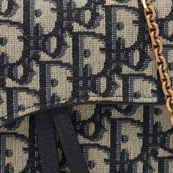 Pre Owned Dior Navy Blue Oblique Canvas and Leather Saddle Wallet on Chain