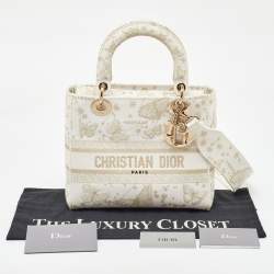 Pre Owned Dior White Embroidered Canvas Zodiac Medium Lady D-Lite Bag