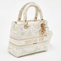 Pre Owned Dior White Embroidered Canvas Zodiac Medium Lady D-Lite Bag