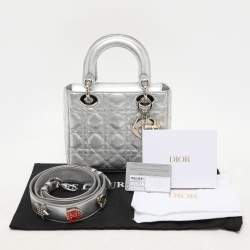 Pre Owned Dior Silver Cannage Leather Small Lucky Badges Lady Dior Tote