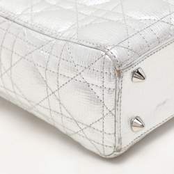 Pre Owned Dior Silver Cannage Leather Small Lucky Badges Lady Dior Tote