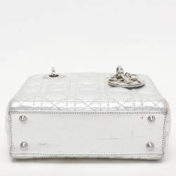 Pre Owned Dior Silver Cannage Leather Small Lucky Badges Lady Dior Tote