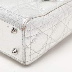 Pre Owned Dior Silver Cannage Leather Small Lucky Badges Lady Dior Tote