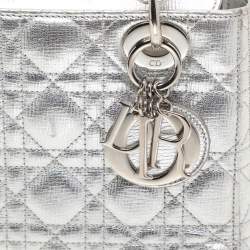 Pre Owned Dior Silver Cannage Leather Small Lucky Badges Lady Dior Tote