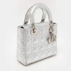 Pre Owned Dior Silver Cannage Leather Small Lucky Badges Lady Dior Tote