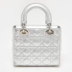 Pre Owned Dior Silver Cannage Leather Small Lucky Badges Lady Dior Tote