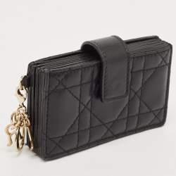 Pre Owned حافظة بطاقات ديور ليدي ديور جلد لامع كاناج سوداء 5 أقسام 