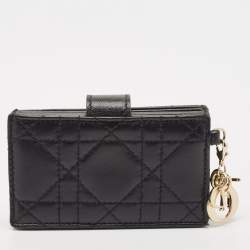 Pre Owned حافظة بطاقات ديور ليدي ديور جلد لامع كاناج سوداء 5 أقسام 