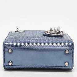 Pre Owned Dior Metallic Blue Micro Cannage Leather Micro Lady Dior Tote
