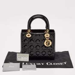 Pre Owned Dior Black Cannage Patent Leather Medium Lady Dior Tote