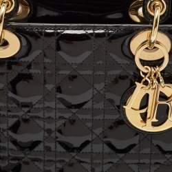 Pre Owned Dior Black Cannage Patent Leather Medium Lady Dior Tote