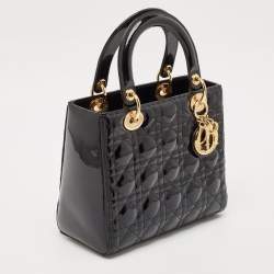 Pre Owned Dior Black Cannage Patent Leather Medium Lady Dior Tote