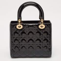 Pre Owned Dior Black Cannage Patent Leather Medium Lady Dior Tote