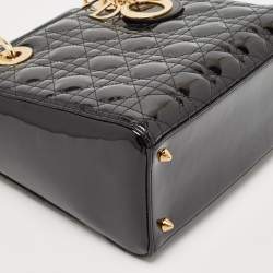 Pre Owned Dior Black Cannage Patent Leather Medium Lady Dior Tote