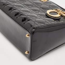 Pre Owned Dior Black Cannage Patent Leather Medium Lady Dior Tote