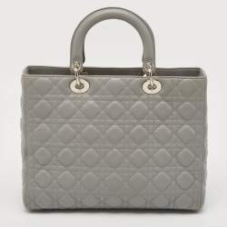 Pre Owned Dior Grey Cannage Leather Large Lady Dior Tote