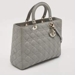 Pre Owned Dior Grey Cannage Leather Large Lady Dior Tote