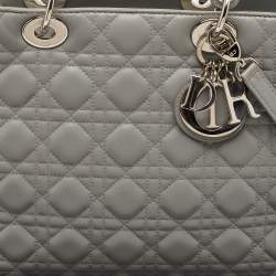 Pre Owned Dior Grey Cannage Leather Large Lady Dior Tote