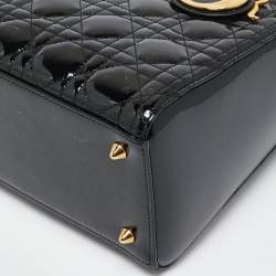Pre Owned Dior Black Cannage Patent Leather Medium Lady Dior Tote