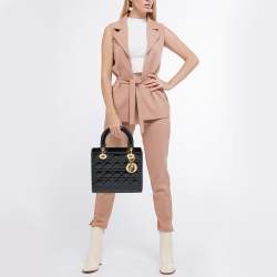 Pre Owned Dior Black Cannage Patent Leather Medium Lady Dior Tote