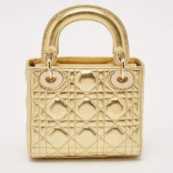 Pre Owned Dior Gold Cannage Leather Mini Lady Dior Tote