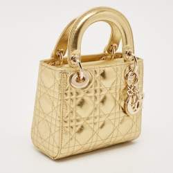 Pre Owned Dior Gold Cannage Leather Mini Lady Dior Tote