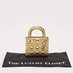 Pre Owned Dior Gold Cannage Leather Mini Lady Dior Tote