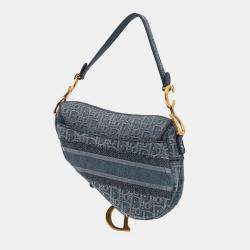 Pre Owned Dior Blue Embroidered Oblique Denim Saddle Bag