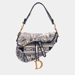 Dior Beige Navy Blue Dior Navy Blue/Beige Canvas Embroidered Toile de Jouy Saddle Bag